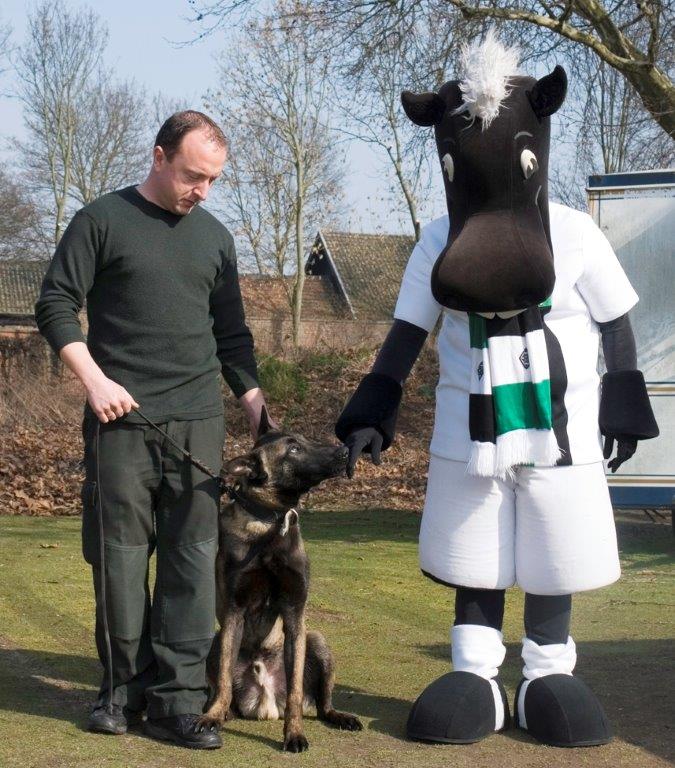 Der Nachwuchshund trifft das BORUSSIA Maskotchen; ist ihm noch nicht ganz geheuer;-)